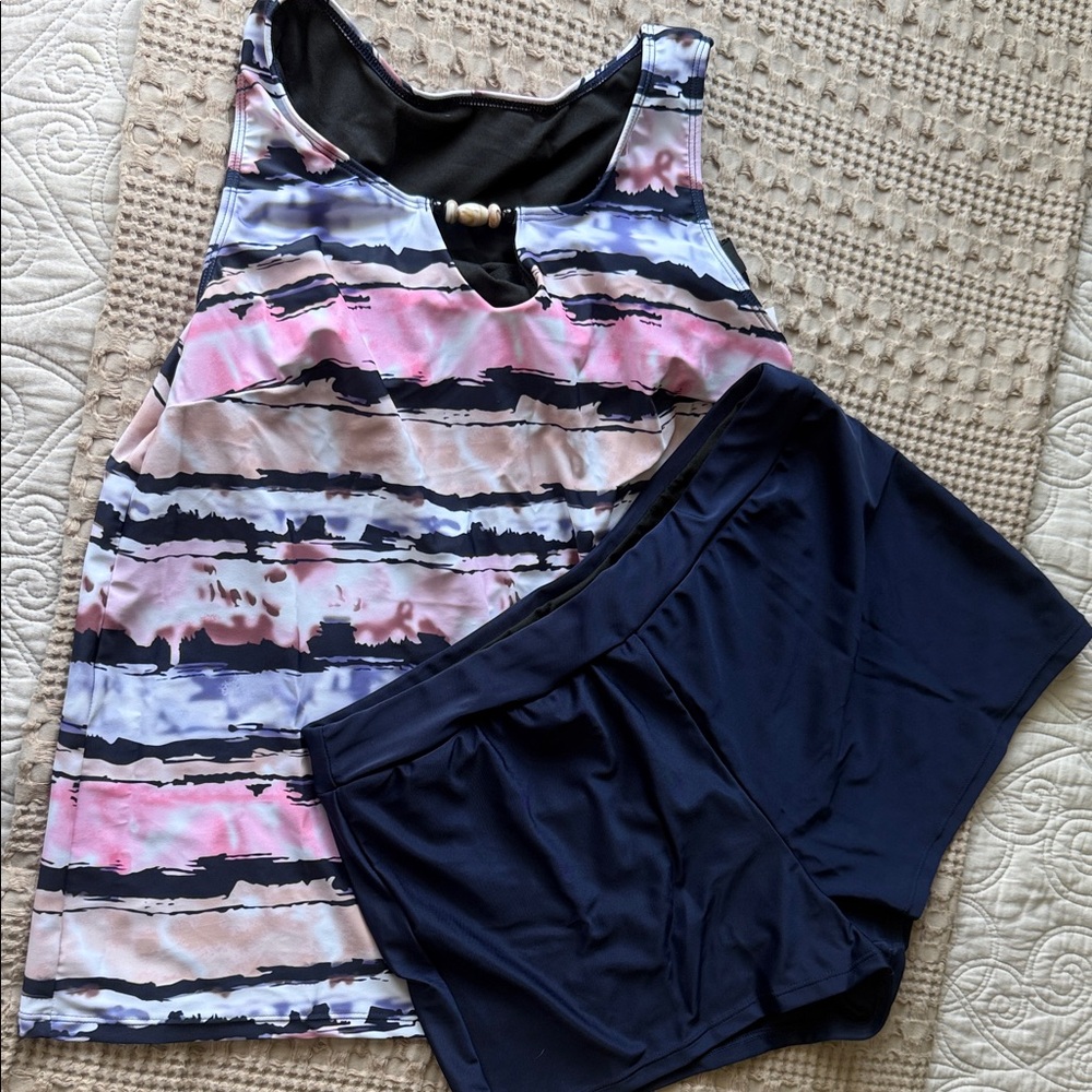 Women’s Two-Piece Swim Tankini Set — Navy & Pastel Stripe
